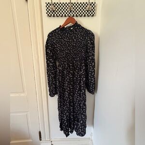 a new day Black and White Floral Long Sleeve Smocked Midi Dress